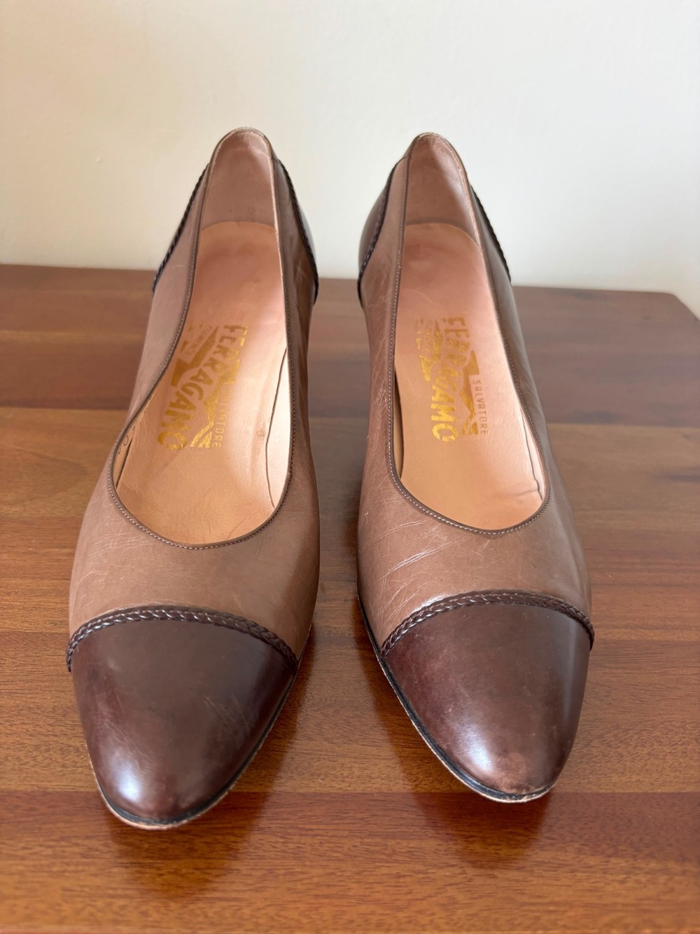 Salvatore Ferragamo Two-Tone Brown Cap-Toe Leather Pumps